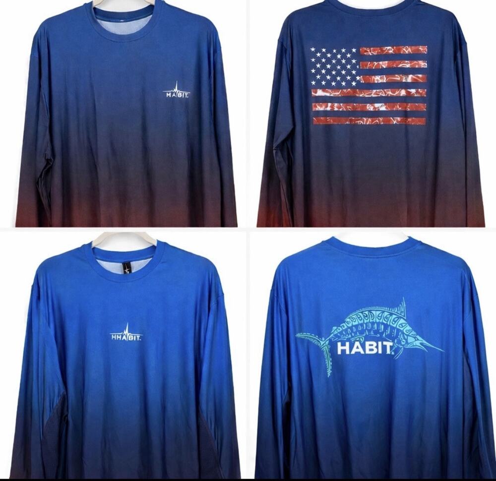 Mens 2 PK Sz 2XL Habit LS Solar Factor Blue Back Graphic Kayak Outdoor Fishing